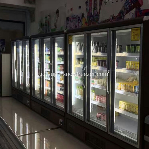 freezer tampilan supermarket tipe vertikal dengan pintu kaca